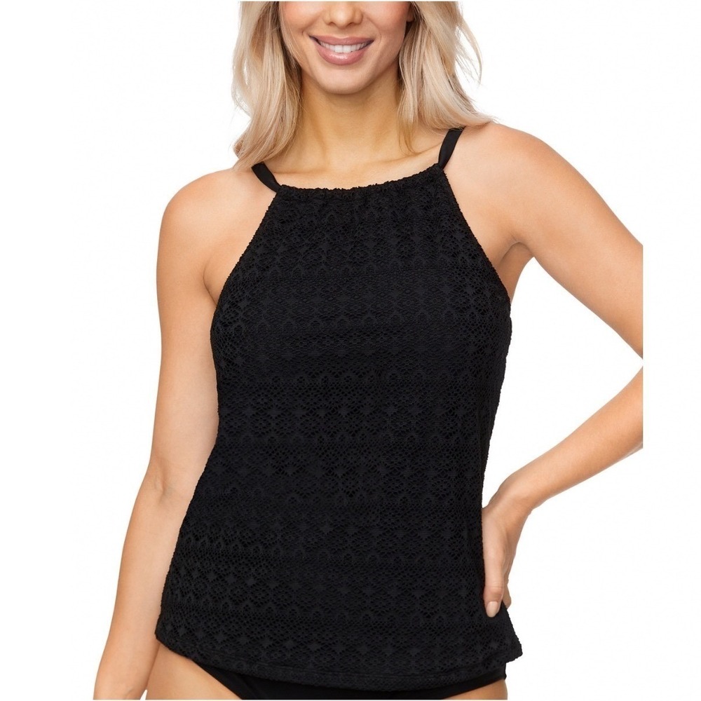 Island Escape Womens Crochet Underwire Tankini Top Black N760149 High Neck 16‎